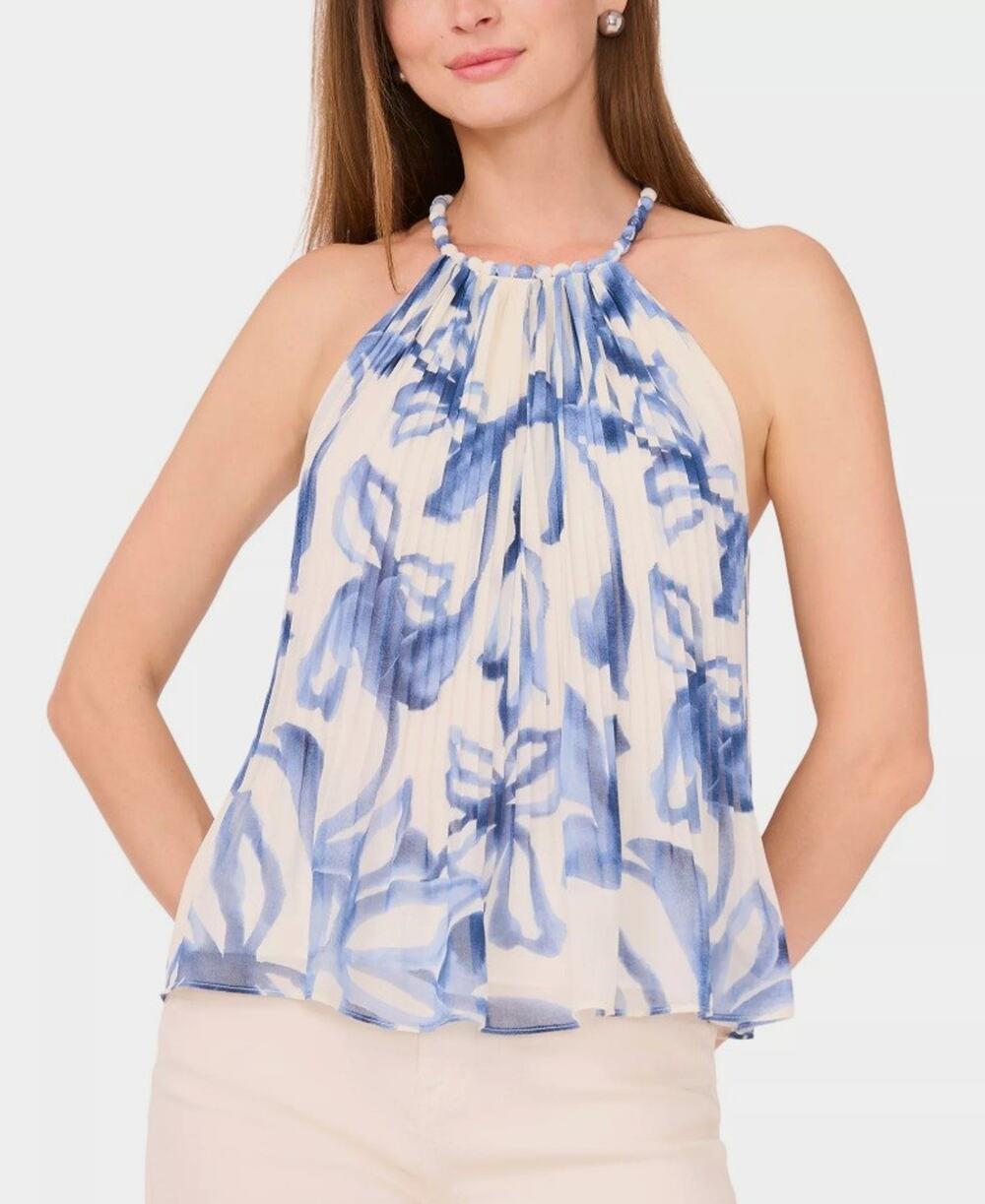Parker Women White/Blue Floral The Paris A-line Pleated Airy Halter Top Size XL
